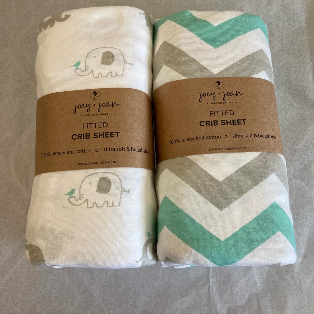 Joey + Joan Fitted Crib Sheets - Elephant and Chevron | NWT